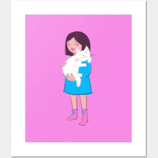 Cute little girl and her big white cat Posters and Art